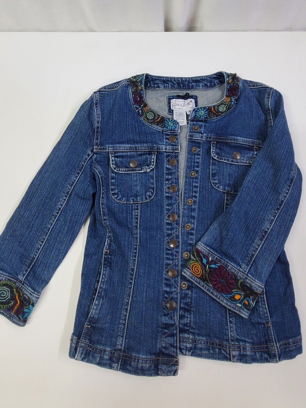 Live A Little Women's Embroidered Blue Denim 3/4 Sleeve Jacket XS